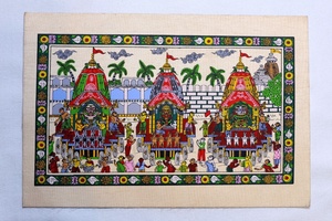 Œuvre d'art artisanale traditionnelle, peinture Pattachitra représentant la Yatra de Jagannath, pour décoration murale intérieure dans le salon. - Product Image 1