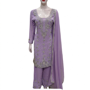 FAMUCAAS Mustard Yellow Hand Embroidered Georgette Indian/Pakistani Women's Dress Set V Neck Long Sleeve Plazo Kameez Dupatta - Product Image 2
