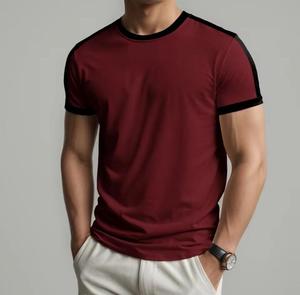 T-shirt à manches courtes pour homme, col rond, coupe classique, bordure contrastée sur le devant, tricot uni, vêtement décontracté, polyester écologique - Product Image 3