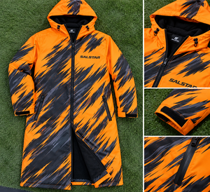 Vente en gros de parkas de bain personnalisés avec capuche, design sublimation orange et noir, veste de bain imperméable à séchage rapide - Product Image 6