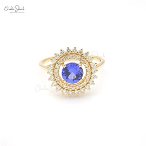 Anillo Halo con Tanzanita de Corte Redondo de 6mm y Diamantes Blancos, en Oro Amarillo Fino de 14k, Estilo Art Deco, Proveedores Verificados, Venta al Por Mayor en India - Product Image 1