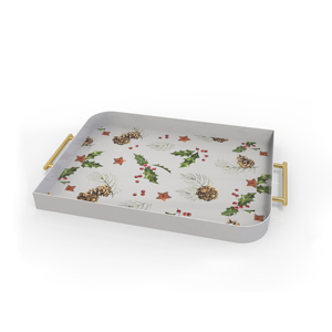 Plateau de service rectangulaire avec motif de houx et de pommes de pin, design classique en métal, plats et assiettes pour les fêtes - Product Image 1
