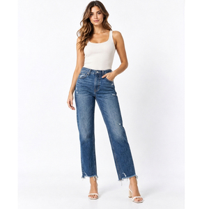 Jean en denim premium pour femme, coupe décontractée, pantalon tendance en coton délavé, coupe confortable, design tendance - Product Image 1