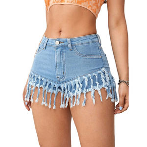 Shorts de Mezclilla de Cintura Alta para Mujer con Borde Deshilachado, Estilo Casual de Verano - Product Image 1