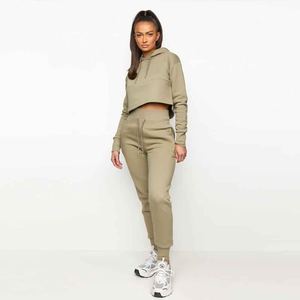 Custom Logo Winter Casual <b>Drop</b> Shoulder Heavyweight Women's 100% Cotton French Terry Pullover Crop Top Hoodie Solid Tracksuit - Product Image 1