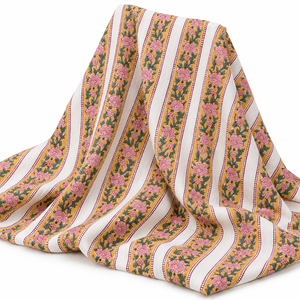 Tela de Algodón Voile Ligera, Tejida a Mano, Estampada con Bloques, 90GSM, Diseño Floral Rosa con Rayas Amarillas, Pinksa Fashion - Product Image 4