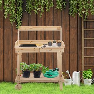 Banco da Lavoro in Legno Naturale con Ampio Spazio di Stoccaggio, Ruote e Cassetto con Lavello, Panca da Giardino - Product Image 2