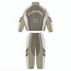 ZAINI – Ensemble coupe-vent tricoté en polyester premium 135 GSM pour homme, design à empiècements blanc, gris, kaki, logo imprimé par transfert thermique - Product Image 2