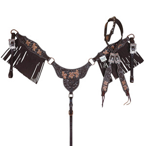 Ensemble de têtière et de collier de poitrine en cuir pour cheval de style western, avec franges, design floral artisanal, accessoires pour chevaux personnalisés, finition nickel antique - Product Image 5