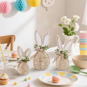 Set of 3 Neutral Easter Decor for Home Table Centerpieces Rattan Bunny with Flowers Easter Decorations - Product Image 6