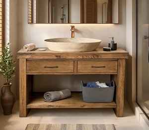 Meuble de salle de bain en bois massif avec lavabo en pierre, table, tiroir de rangement et étagère, mobilier de salle de bain en bois naturel - Product Image 1