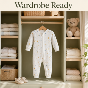 Combinaison bébé en coton à manches longues avec fermeture éclair bidirectionnelle |   Pyjama unisexe respirant à imprimé étoiles et lune, avec protège-menton et poignets extensibles, toutes tailles - Product Image 4