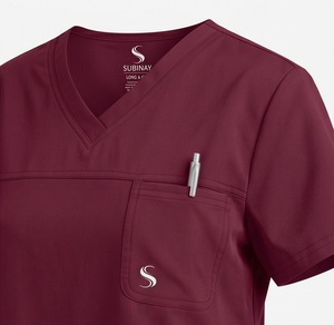 SUBINAY Women's V-Neck Scrub <b>Top</b> <b>Maroon</b> Polyester Woven Hospital Uniform with Front Pocket and Pen Holder - Product Image 2