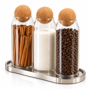 Glass Storage <b>Canister</b> <b>Set</b> with Natural Cork Stopper Lids and Silver Tone Tray | Contemporary Kitchen Spice and Pantry Organizer - Product Image 1