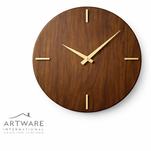 Horloge murale ronde en bois de luxe avec marqueurs métalliques dorés, mouvement silencieux minimaliste, design moderne, décoration pour la maison, salon - Product Image 1