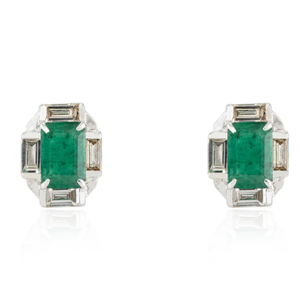 18K White Gold Baguette Cut Diamond Halo <b>Emerald</b> <b>Stud</b> Earrings - Product Image 2