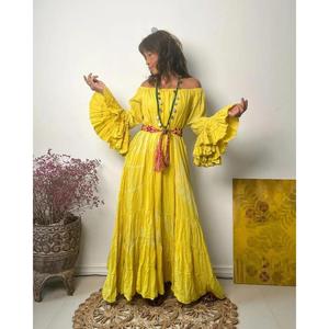 Vibrant Yellow Tie Dye Organic Cotton Eco-Friendly V-neck Shoulder Maxi Dress Dramatic Tiered <b>Bell</b> Sleeve Bohemian Gown Ruffle - Product Image 1