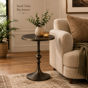 Modern <b>Round</b> Pedestal Side <b>Table</b> with Antique Bronze Finish | Minimalist Accent End <b>Table</b> with Sculpted Column Base for Home - Product Image 3