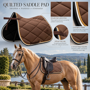 Tapis de selle matelassé marron diamanté avec bordure contrastée superposée |   Harnais d'équitation rembourré et profilé avec sangles sécurisées - Product Image 5