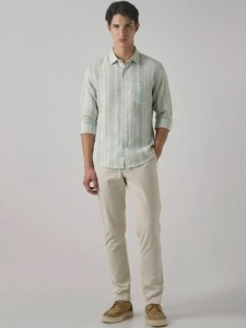 เสื้อเชิ้ตผู้ชายลายทางลำลองฤดูร้อน ระบายอากาศได้ดี ผ้าลินิน/ผ้าฝ้าย กระดุมสองแถว แขนยาว ปกคอปก ติดกระดุมเม็ดเดียว - Product Image 1