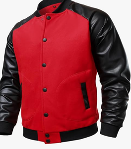 Men's Red Varsity Jacket Stand Collar <b>Covered</b> <b>Button</b> Closure Regular Fit Breathable High Street Style Winter Wear Canvas Fabric - Product Image 1