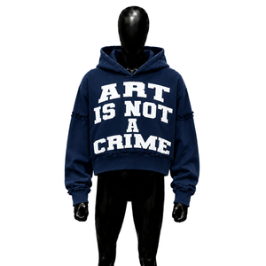 PREMIUM ART IS NOT A CRIME BLUE OVERSIZED HOODIE Crop Fit Streetwear Style Navy Blue Cotton French Terry Print Front VINTAGE INS - Product Image 1