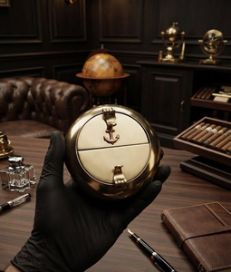 Cendrier de luxe en laiton en forme de roue de bateau nautique avec emblème d'ancre et couvercle à charnière, accessoire de table maritime pour fumeurs - Product Image 1