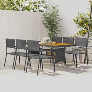 Conjunto de Comedor para Exteriores de 7 Piezas, Ratán PE Gris, Acero y Madera Maciza de Acacia para Jardín - Product Image 1