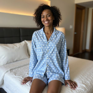 Ensemble de pyjama en coton éthique indien doux et respirant pour femme deux pièces avec manches longues et sortes - Product Image 3