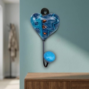 Ceramic Heart Wall Hook Blue Handmade Patterned Vintage Waterproof Eco-Friendly Adjustable Single Hook Novelty Design - Product Image 1