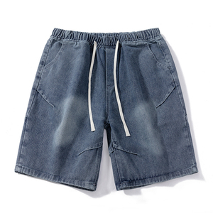Shorts en jean pour homme, 100 % polyester, avec cordon de serrage, couleur unie, taille mi-haute, tricoté, coupe ample, délavé, coupe droite, style décontracté et tendance - Product Image 1