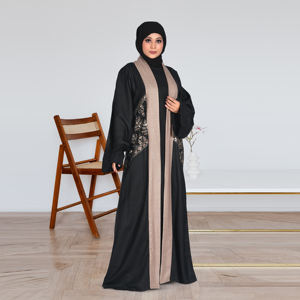 Abaya de Lino con Frente Abierto, Bordado con Lentejuelas, Diseño de Paneles en Contraste, Elegante, Modesto, para Eid y Ramadán, Estilo Lujoso, Holgado y Largo hasta el Suelo - Product Image 1
