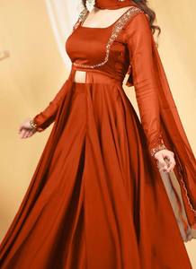 Premium Silk Satin Women's Anarkali Style Knee Length 3 Pieces Kurta Pant Dupatta <b>Set</b> with Hand Embroidery and Woven Detail - Product Image 2