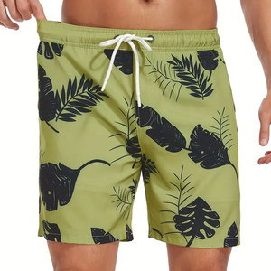 <b>Men's</b> Green Geometric Print Quick Dry Satin Swim <b>Trunks</b> with Drawstring Mid Waist Casual Shorts and Pockets - Product Image 5