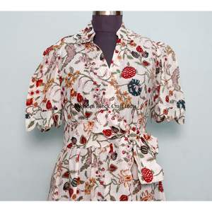 Nouvelle Robe d'été pour femme en pur coton, faite main, imprimée à la main à l'encre indienne, motif floral, ceinture intégrée, écologique, avec dentelle, best-seller - Product Image 4