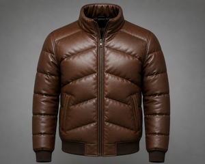 Blouson en cuir matelassé gaufré pour homme, style motard, fermeture éclair, coupe ajustée, pour l'hiver, avec logo frontal, chauffant - Product Image 2
