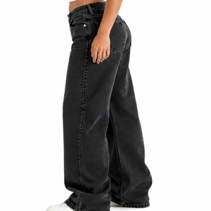Jean en denim respirant taille haute pour femme, brodé, délavé, style vintage, coupe décontractée ample, longueur intégrale, couleur unie, en coton - Product Image 3