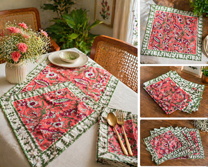 Juego de Manteles Individuales Rosados con Estampado Artesanal, Manteles Individuales Blancos de Algodón, Calidad de Exportación, Lavables, Decoración para Comedor, Juego de Obra Maestra Hecha a Mano - Product Image 6