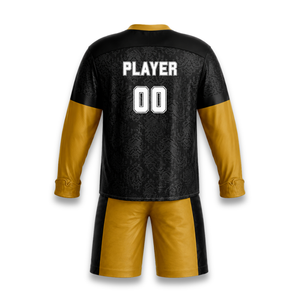 Custom Ice Hockey Jersey Set Sublimated Full Sleeve <b>Moisture</b> Wicking Men's Uniform Black Gold Geometric Pattern - Product Image 2