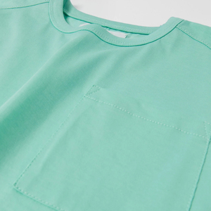 Conjunto de Ropa para Bebé de 2 Piezas en Verde Menta, Camiseta con Bolsillo y Pantalones Cortos, Cuello Redondo, Manga Corta, Estilo Casual de Verano, Color Sólido, Transpirable - Product Image 6