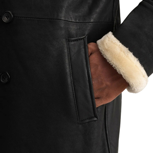 <b>Men's</b> <b>Black</b> Genuine Leather Shearling Notched Lapel Double Breasted Knee Length <b>Overcoat</b> - Product Image 6