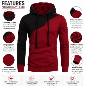 Men's Solid Red <b>Black</b> Hooded <b>Sweatshirt</b> Raglan Sleeve Regular Fit Casual Knitted Cotton Hoodie Pocket Design Autumn Wear - Product Image 6
