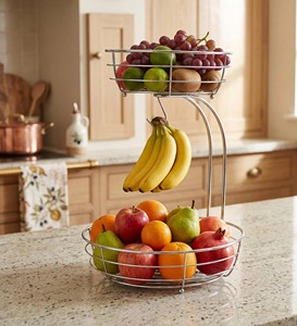 Corbeille à fruits moderne en métal noir à 2 niveaux avec support pour bananes, idéale pour organiser les fruits et gagner de la place dans les petites cuisines, en provenance d'Inde. - Product Image 6