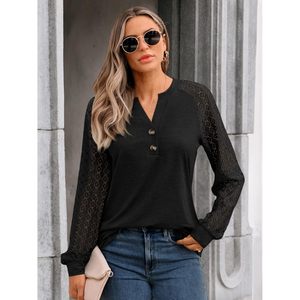 2025 2025 automne mode femmes hauts col en v Blouses avec dentelle à manches longues décontracté affaires tenues taille XL - Product Image 3