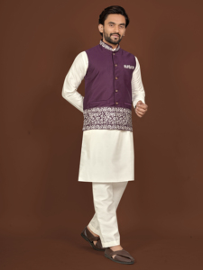 <b>Men's</b> White Smooth Shiny Silk Kurta Purple Embroidered <b>Waistcoat</b> Traditional <b>Indian</b> Wedding Party Attire Regular Fit Knee-Length - Product Image 1