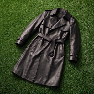 <b>Men's</b> Vintage Single Breasted Genuine <b>Leather</b> Breathable Color Blocking Unisex <b>Trench</b> <b>Coat</b> Long Belted Lapel Collar Jacket - Product Image 3