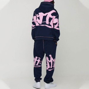 Ensemble de survêtement unisexe bleu marine et rose à imprimé lettres, coupe ample, style streetwear, sweat-shirt et pantalon de jogging en coton pour adultes, collection automne - Product Image 5