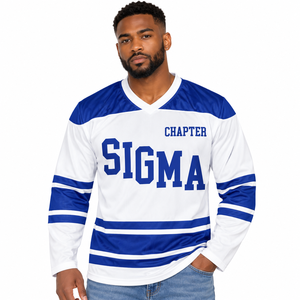 เสื้อฮอกกี้ผู้ชายสีน้ำเงินรอยัล-ขาว ยี่ห้อ Sigma Chapter แขนยาว คอวี ชุดกีฬาพร้อมลายพิมพ์ตัวอักษรแบบหนา ลายทาง แบบสั่งทำพิเศษ - Product Image 1