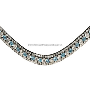 Diadema para caballo de cuero genuino negro con cristales azules, blancos y rosas de tres filas, personalizada, con diseño de ondas brillantes y diamantes, disponible en todas las tallas. - Product Image 5