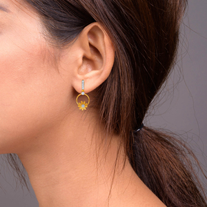 Premium Designer Gold Daisy Flower Circle Hoop <b>Dangle</b> <b>Earrings</b> with Sparkling Lab Grown <b>Diamond</b> Bridal Wedding Jewelry - Product Image 2